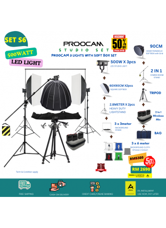  Proocam kb-1210 Studio Lighting Kit 1 PAIR Softbox 60x90cm 500W LED Light 90cm Dome Parabolic Softbox Grid Boom Stand Background Support Backdrop Cloth Tripod 2 to 1 Wireless Mic VALUE SET (SET S6)